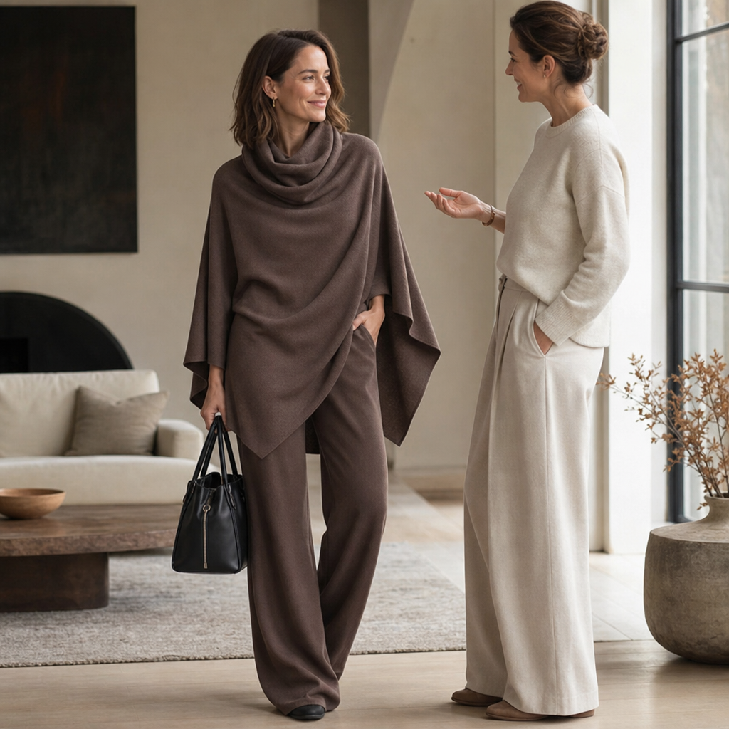 Draperie – Blus z kapturem i breda spodniami