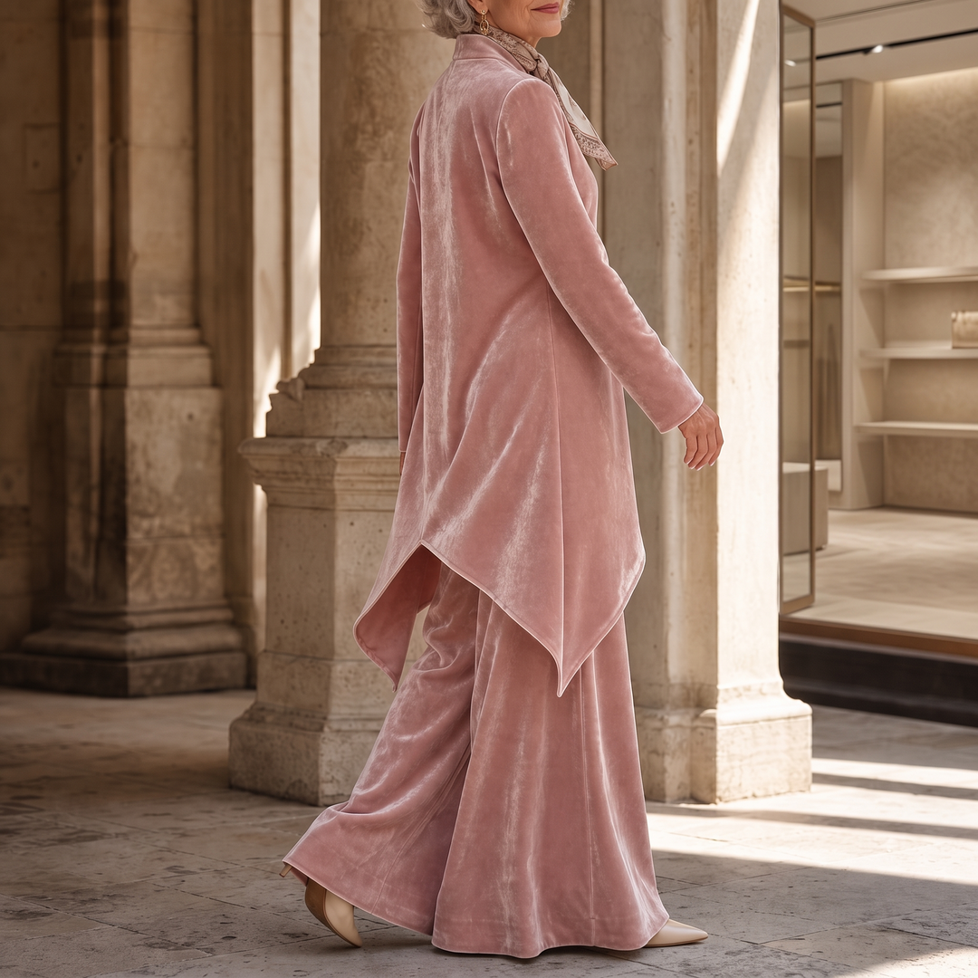 Draperie – Asymetryczny Set Welurowy z Górą i Spodniami