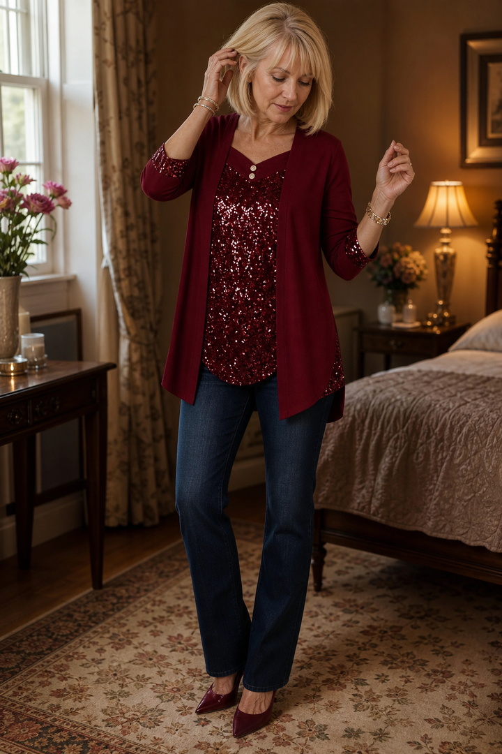 Veluxe Duo – Wieczorowy top z cekinowym przodem w stilu mock-layer