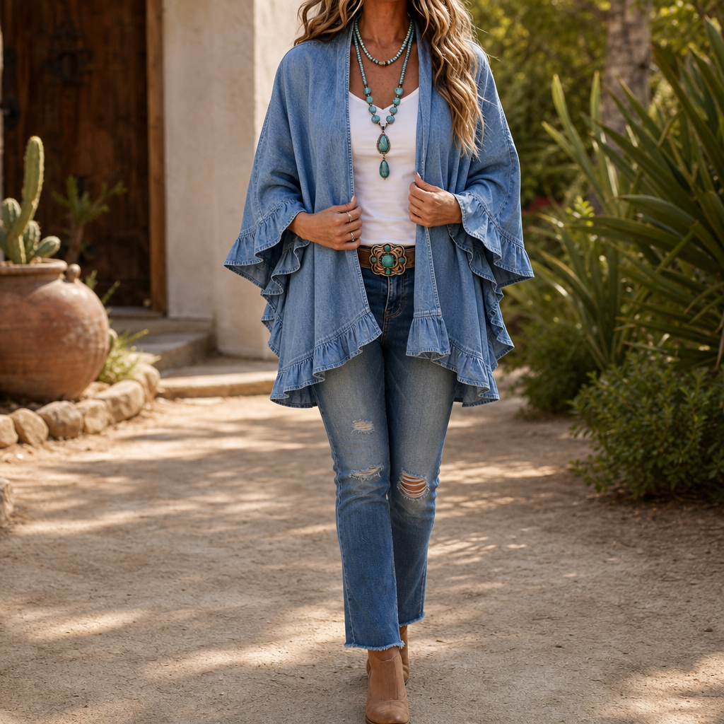 Ruffledenim – Kofta z finish falbaną w stilu dżinsowym, otwarty framtill