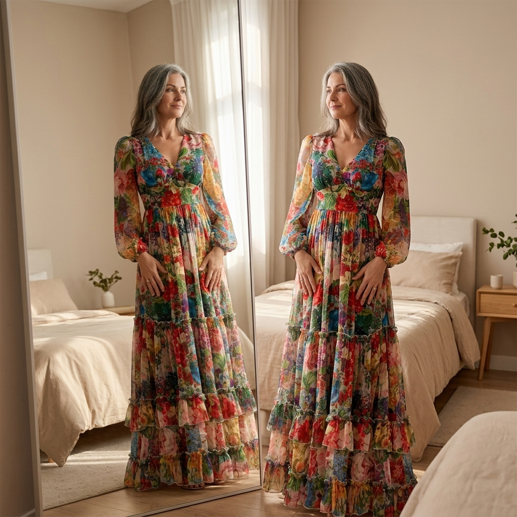 Floressa – Dam klänning maxi w kwiaty z falbanami i ręKaffemi lampionowymi