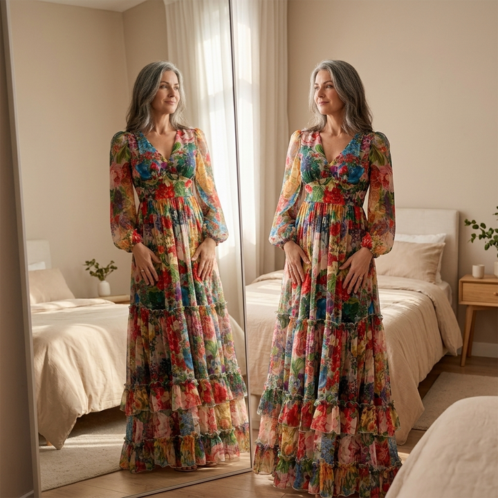 Floressa – Dam klänning maxi w kwiaty z falbanami i ręKaffemi lampionowymi