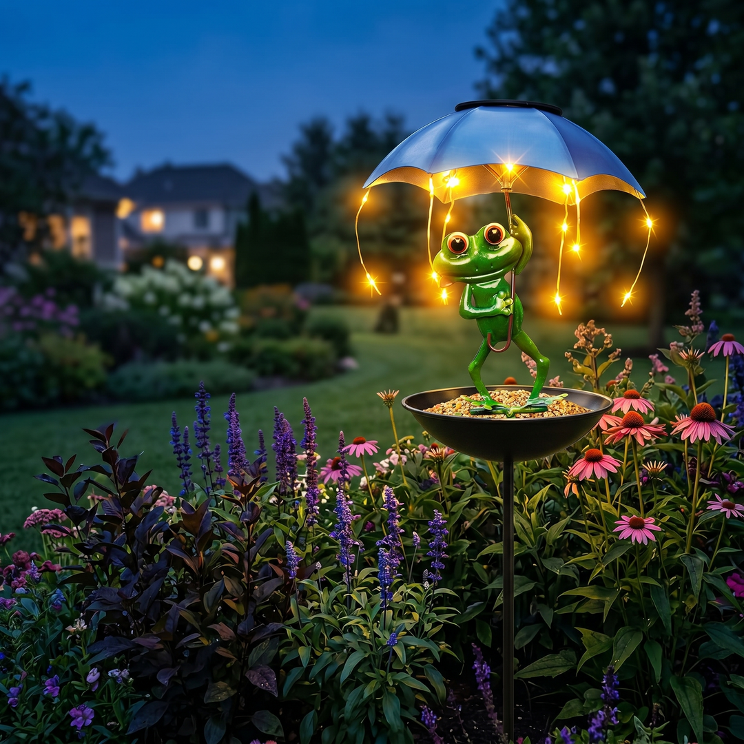Magiczna Żaba – Solarna Lampa Ogrodowa z Karmnikiem dla Ptaków