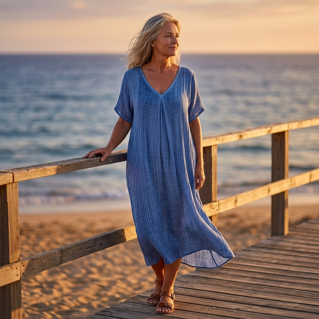 Linara – Klänning V-Neck z Bawełny i Lnu för kvinnor