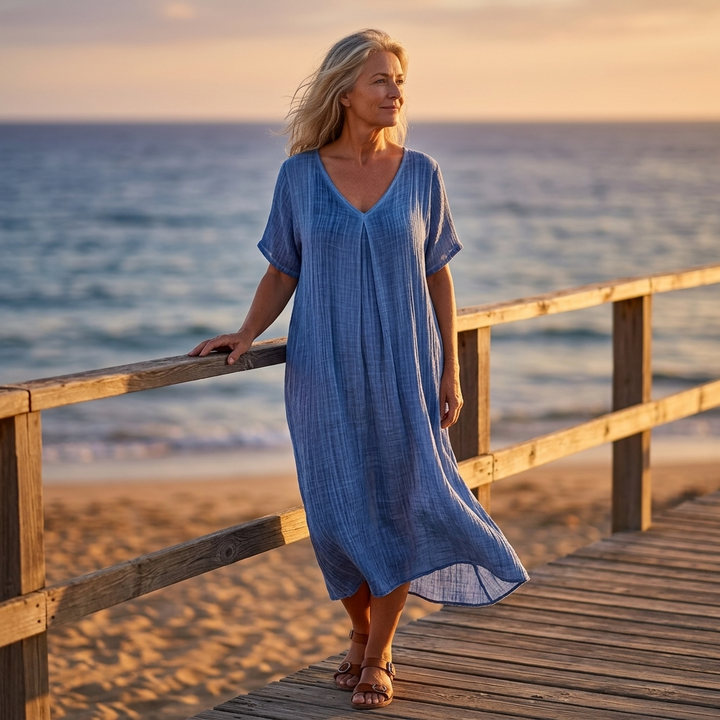 Linara – Klänning V-Neck z Bawełny i Lnu för kvinnor