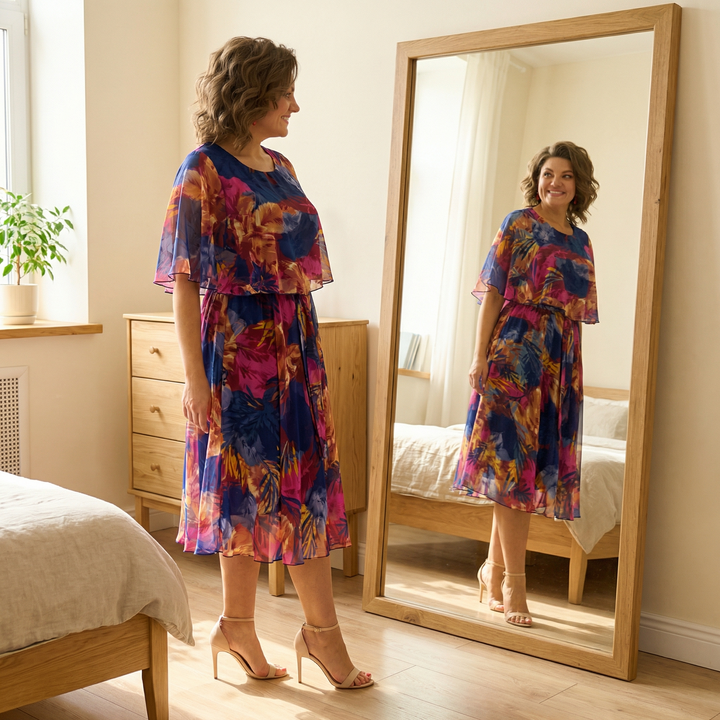 Floressa – Zwiewna Klänning Midi z Podszewką z Chiffonu