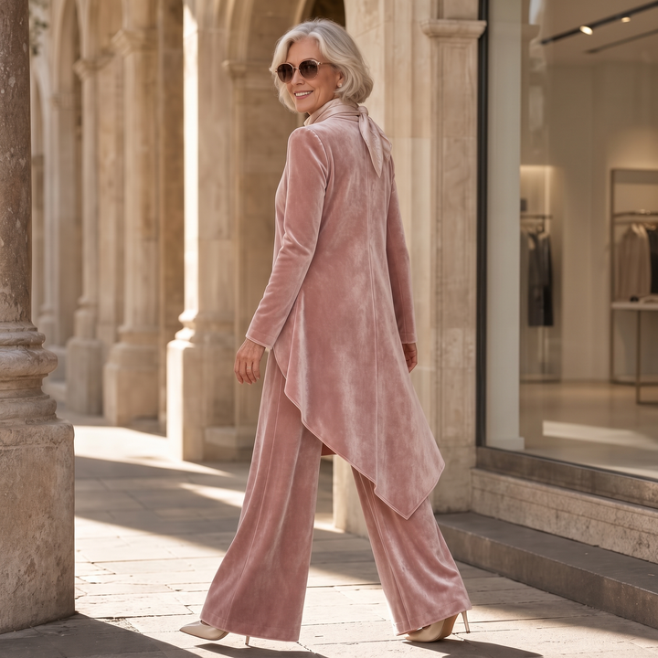 Draperie – Asymetryczny Set Welurowy z Górą i Spodniami