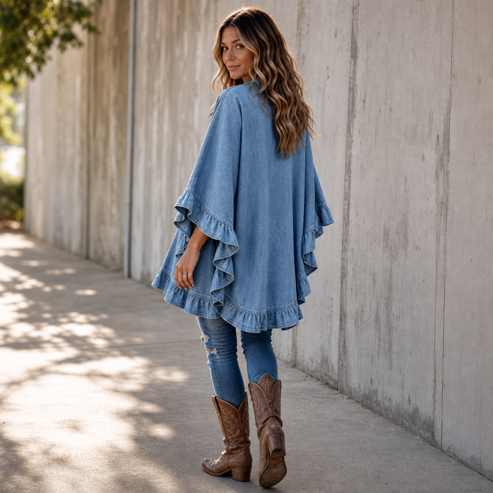 Ruffledenim – Kofta z finish falbaną w stilu dżinsowym, otwarty framtill