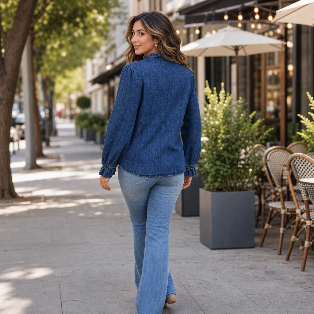 Wearbella – Blus z falbanami i stójką, wyglądająca hur dżins
