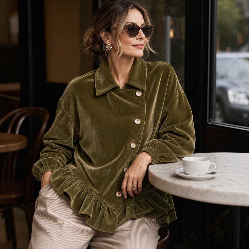 Velvetta – Asymetryczna blus z urringning w łódkę i falbaną