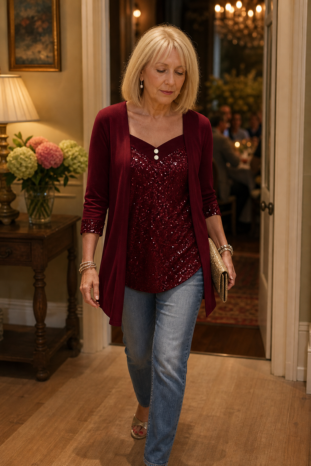 Veluxe Duo – Wieczorowy top z cekinowym przodem w stilu mock-layer