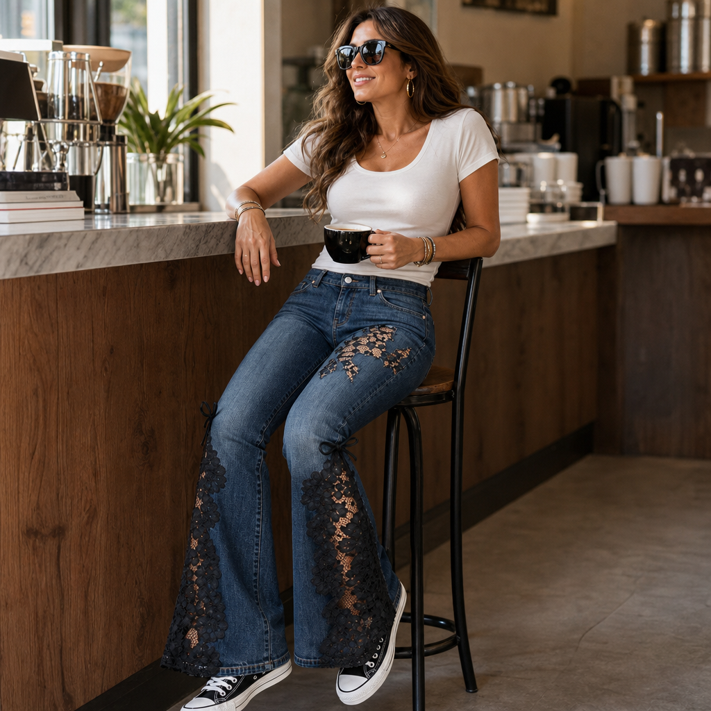 Laceflare – Czarne jeans z koronkowymi wstawkami