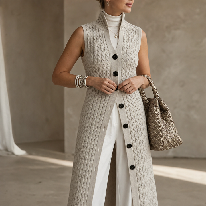Elara Knit – Lång Kamizelka w Stilu Splotu Kablowego