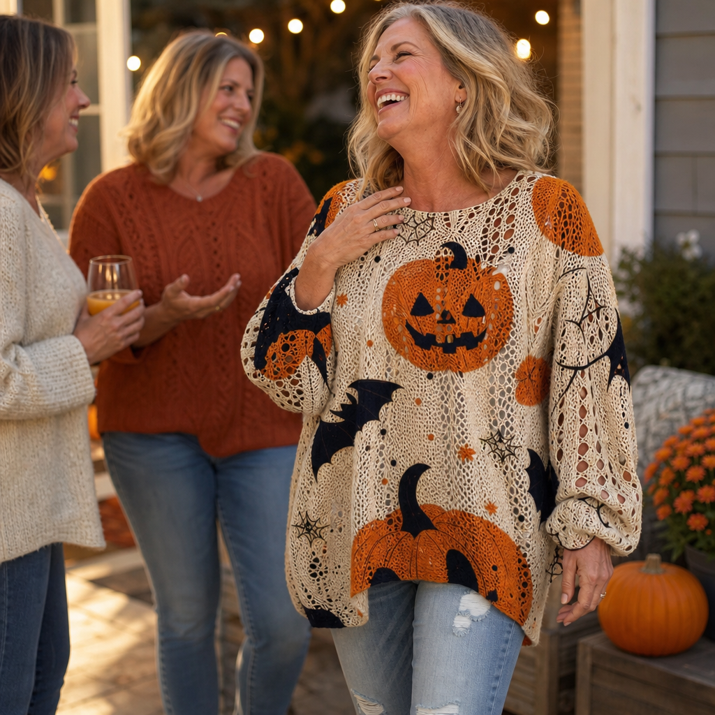 Harvestknit – Tröja z intarsjami w dynie i nietoperze