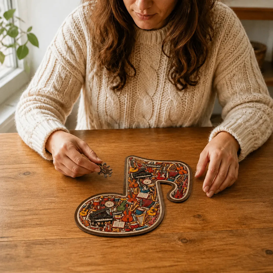 Melora – Puzzle i form av nuty muzycznej z drewnianym wyglądem, w setie z podstawą för wyświetlania