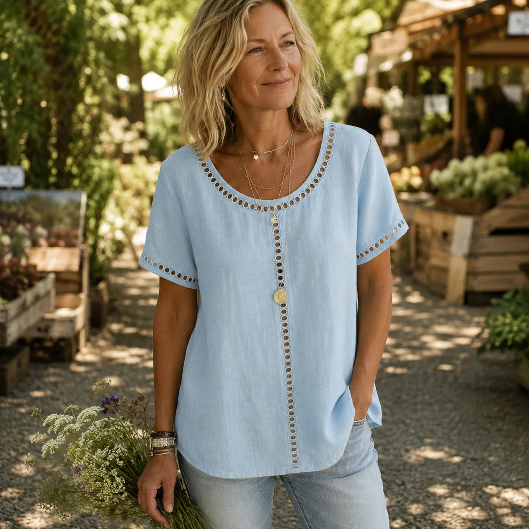 Marellia – Boho Tunika z Otworami för kvinnor, Lös Passform, Kort Ärm, Sommar Blus
