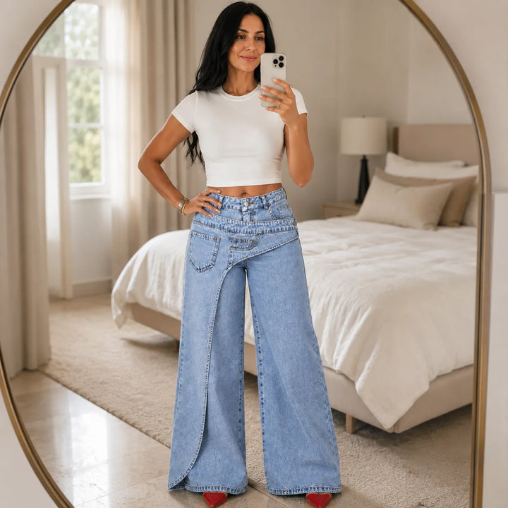 Vellara – Asymetryczne jeans z vida ben i wiązaniem w midja