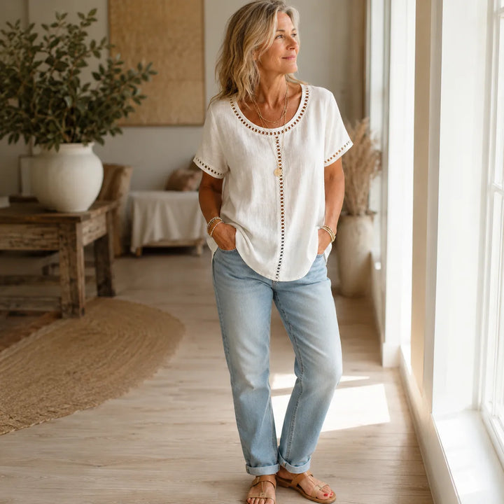 Marellia – Boho Tunika z Otworami för kvinnor, Lös Passform, Kort Ärm, Sommar Blus