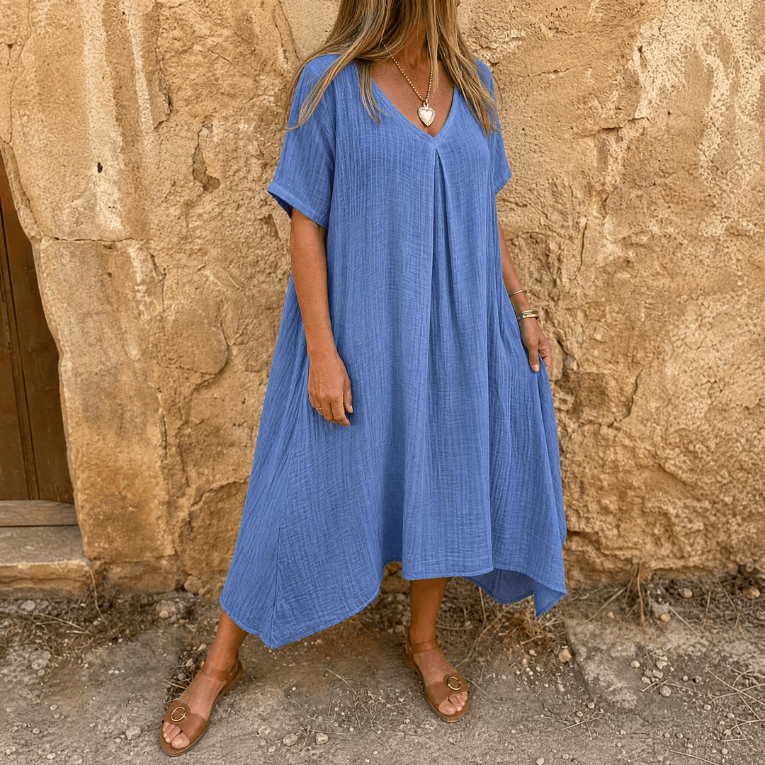 Linara – Klänning V-Neck z Bawełny i Lnu för kvinnor