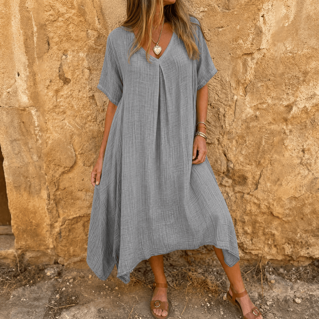 Linara – Klänning V-Neck z Bawełny i Lnu för kvinnor