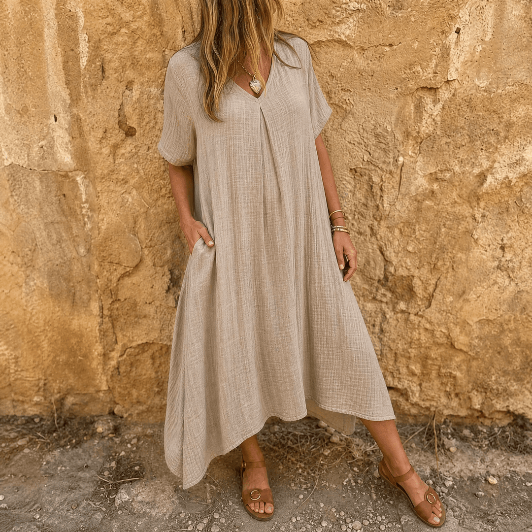 Linara – Klänning V-Neck z Bawełny i Lnu för kvinnor