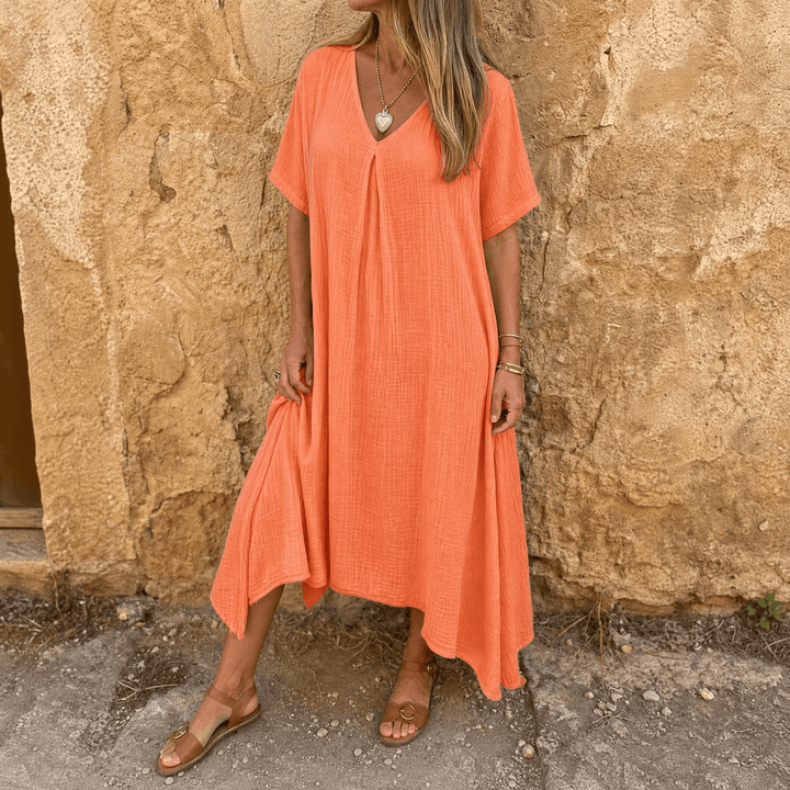 Linara – Klänning V-Neck z Bawełny i Lnu för kvinnor
