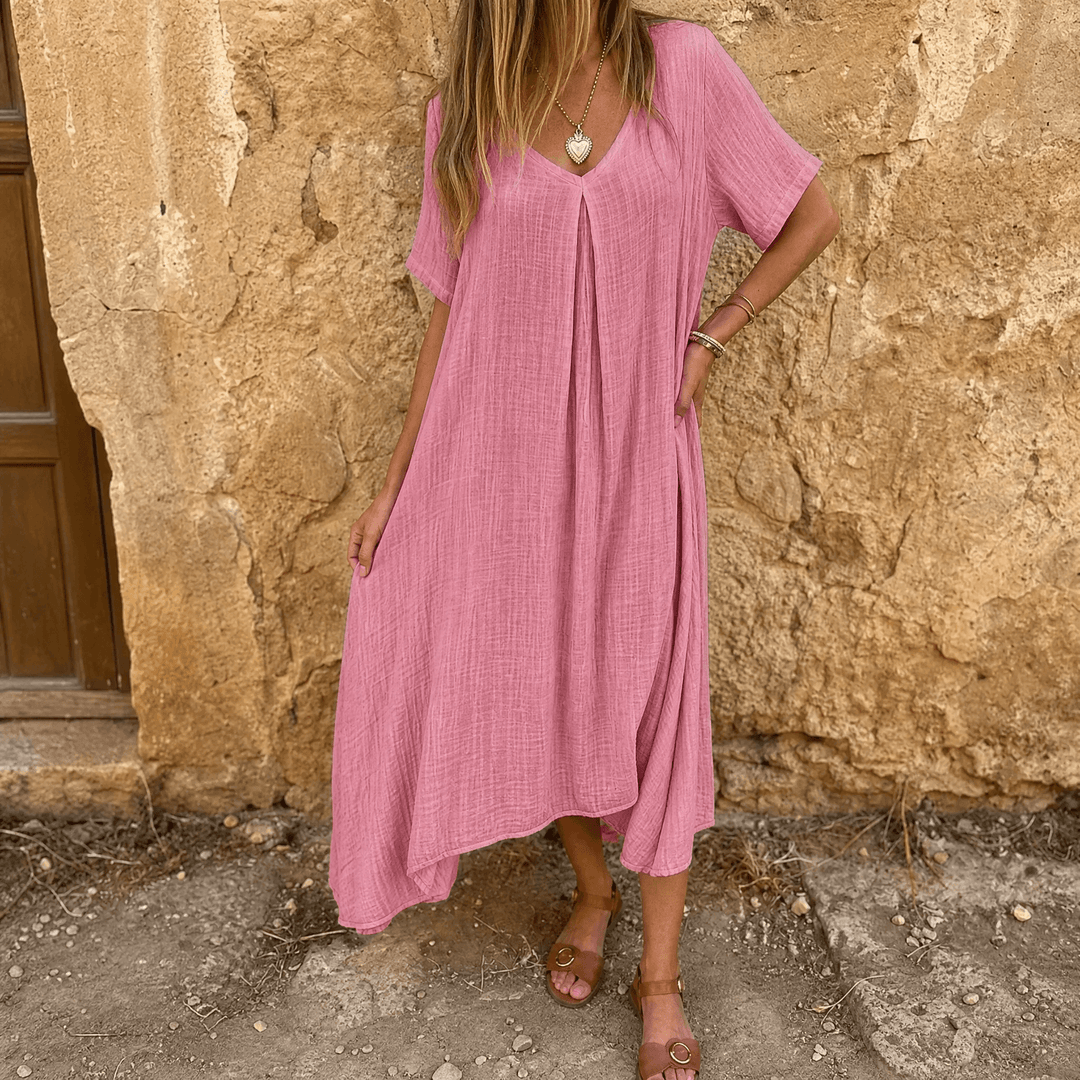 Linara – Klänning V-Neck z Bawełny i Lnu för kvinnor