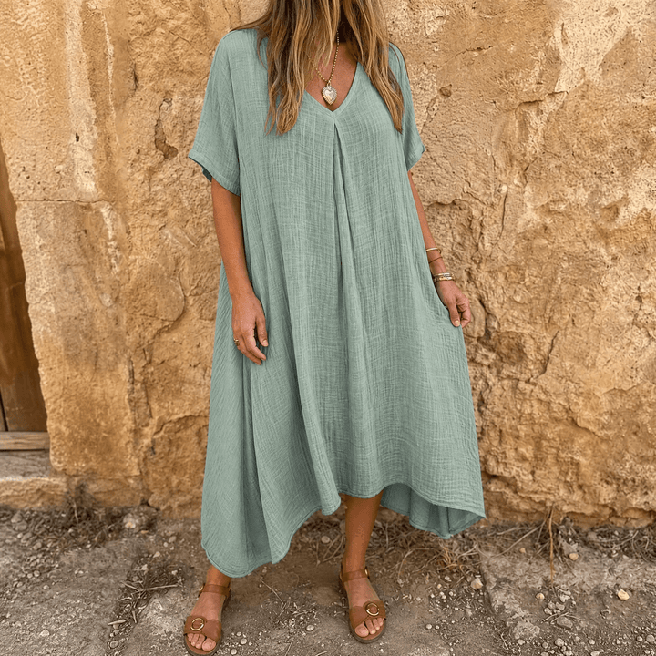 Linara – Klänning V-Neck z Bawełny i Lnu för kvinnor