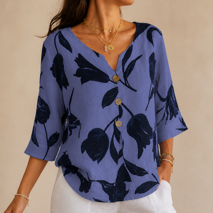 Florelle – Blommig lniana blus popover z urringning w v-ringning i ręKaffemi 3/4