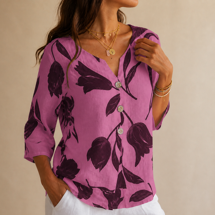 Florelle – Blommig lniana blus popover z urringning w v-ringning i ręKaffemi 3/4
