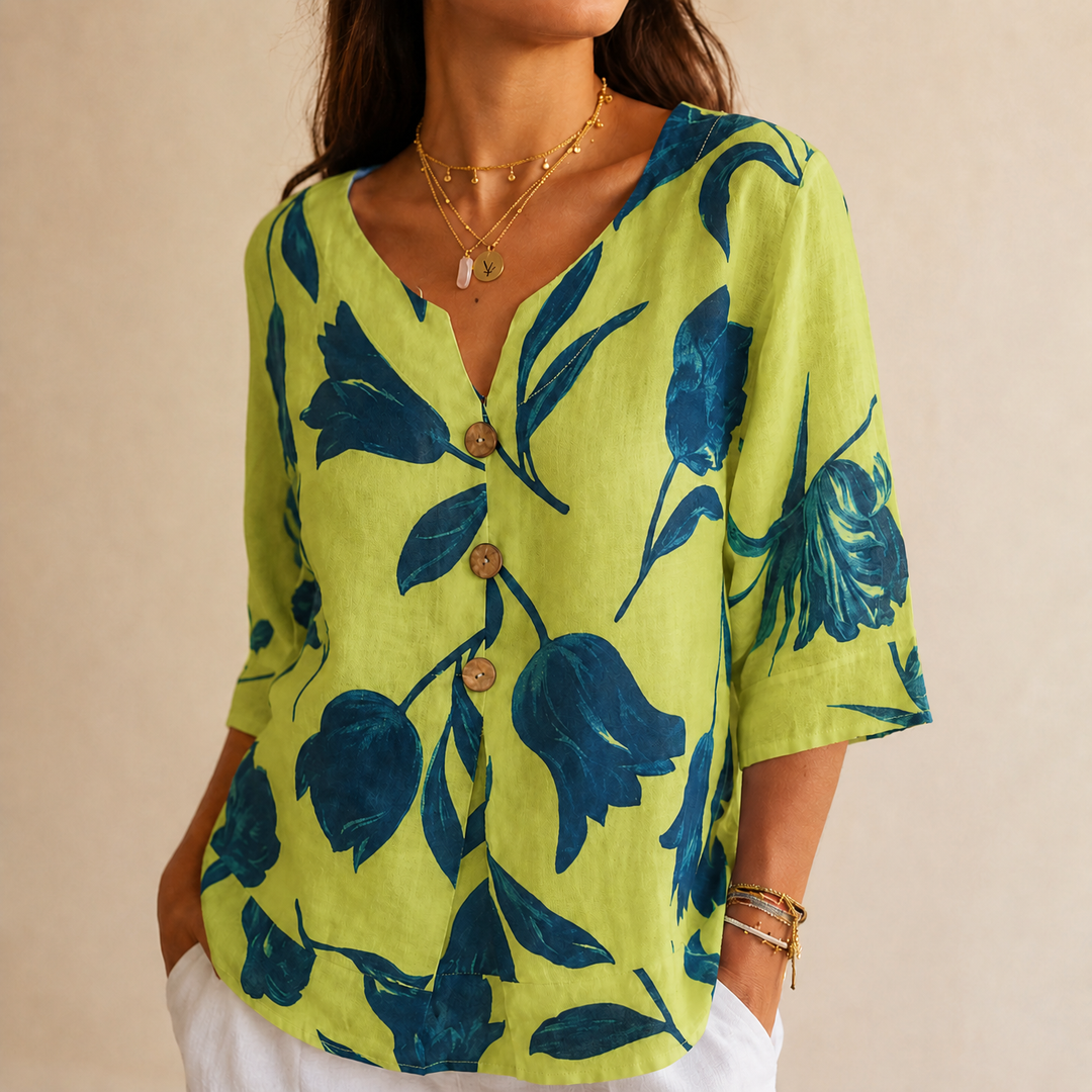 Florelle – Blommig lniana blus popover z urringning w v-ringning i ręKaffemi 3/4