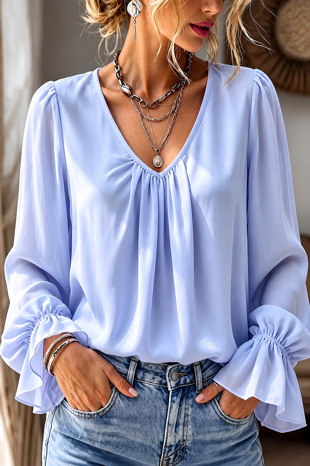 Pleatrelle – Blus z plisami i urringning w v-ringning z falbanami