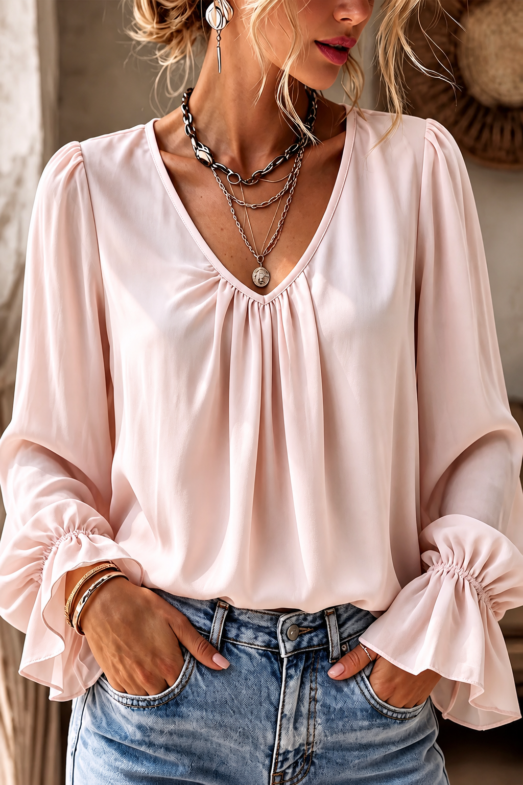 Pleatrelle – Blus z plisami i urringning w v-ringning z falbanami