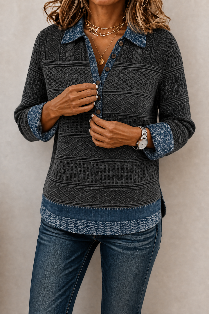 Layerlyn – Blus dzianinowa z denimu w patchworkowym wzorze