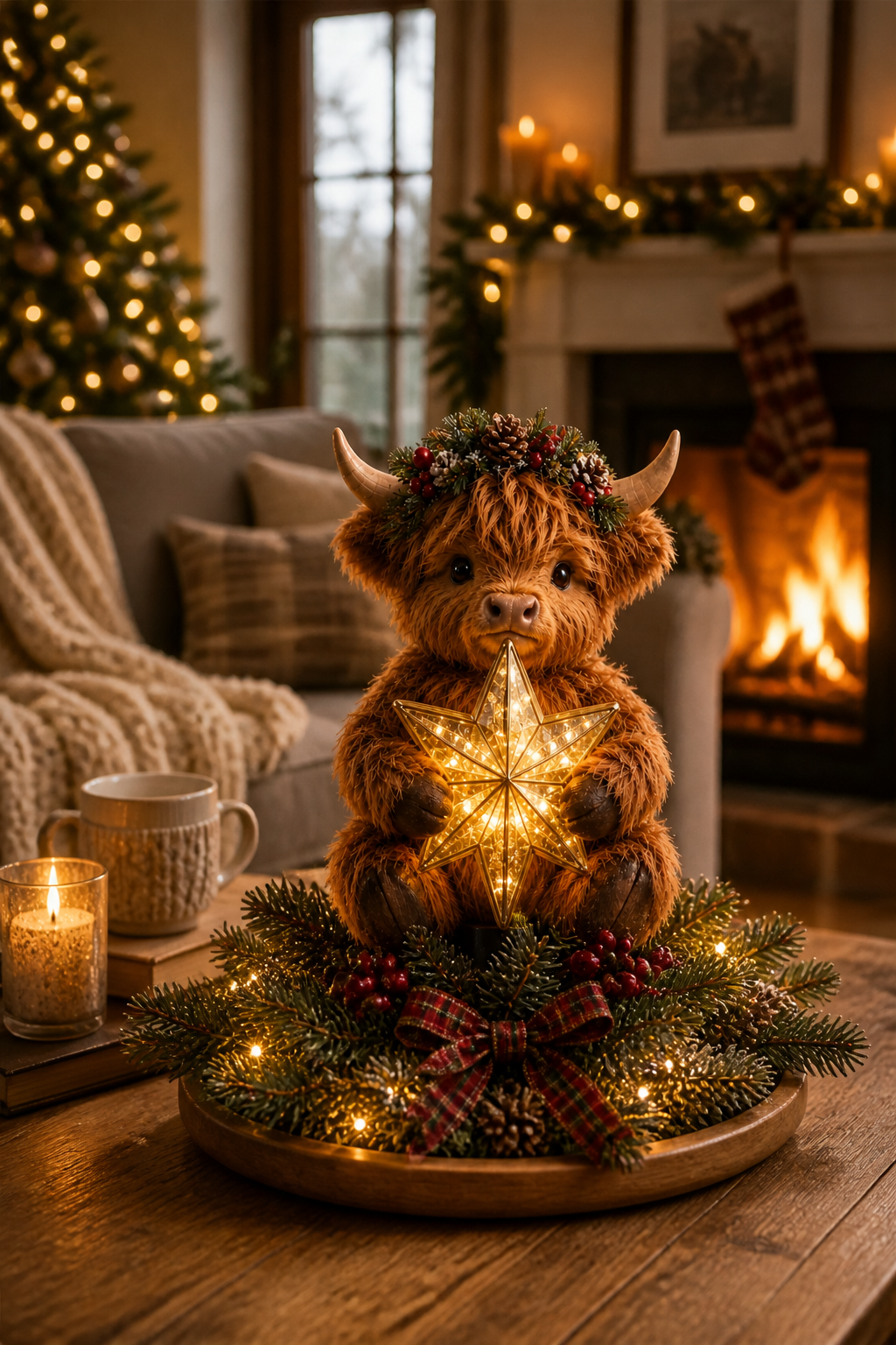 Highlow – Świecący Gwiazda Highland Cow På Szczyt Choinki