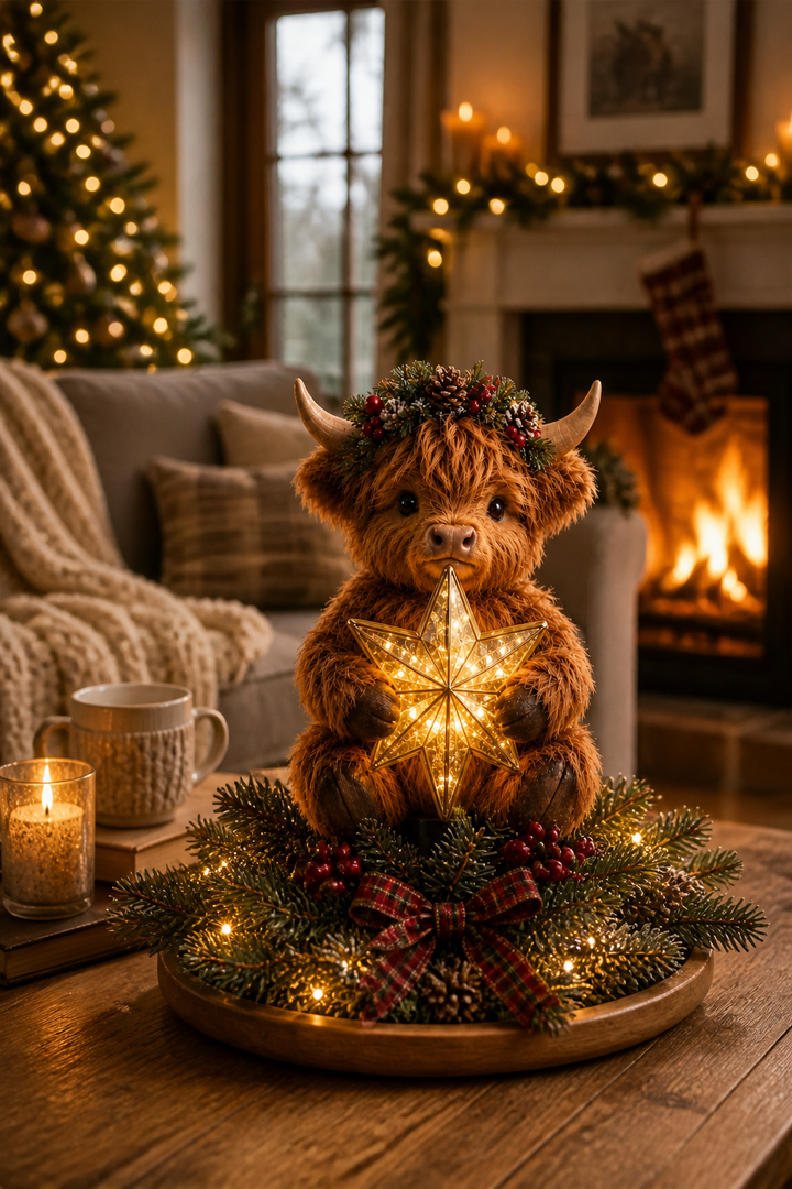 Highlow – Świecący Gwiazda Highland Cow På Szczyt Choinki