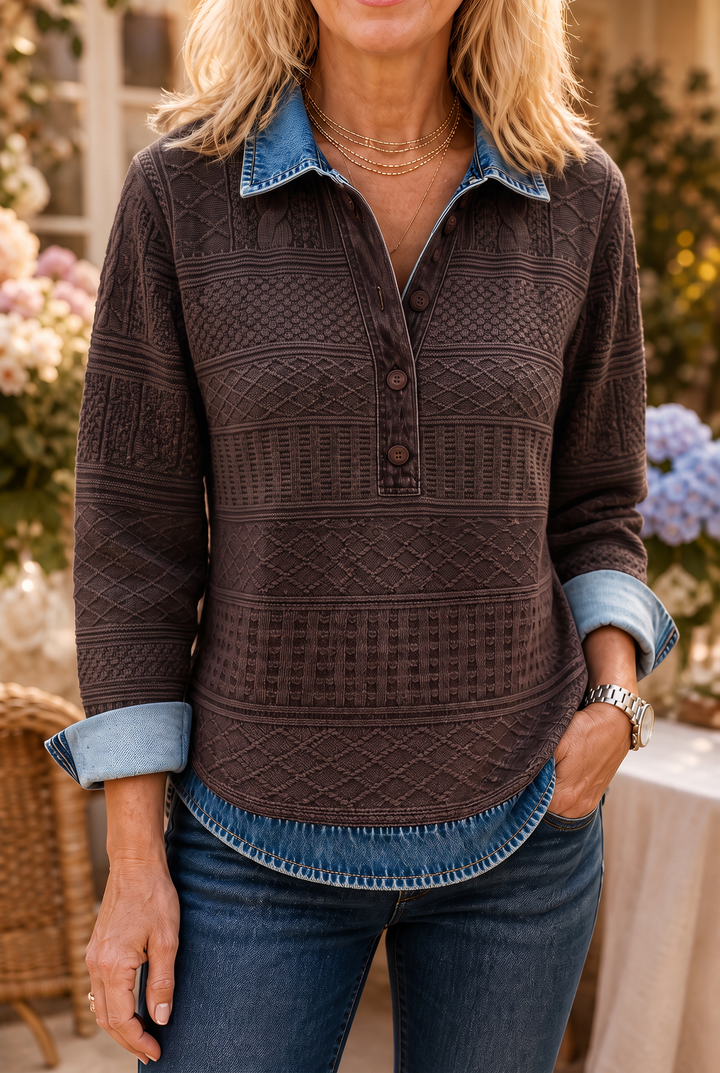 Layerlyn – Blus dzianinowa z denimu w patchworkowym wzorze