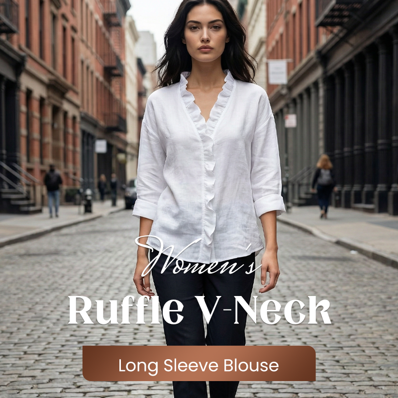 Roselle - Mjuk blus z falbankami, urringning w v-ringning, lång ärm