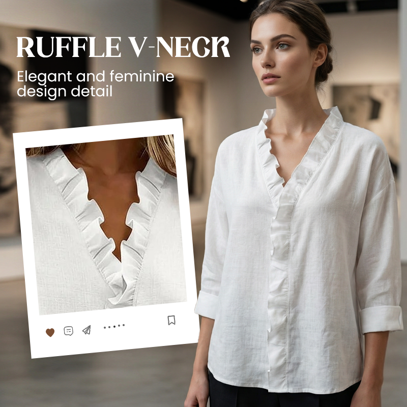 Roselle - Mjuk blus z falbankami, urringning w v-ringning, lång ärm