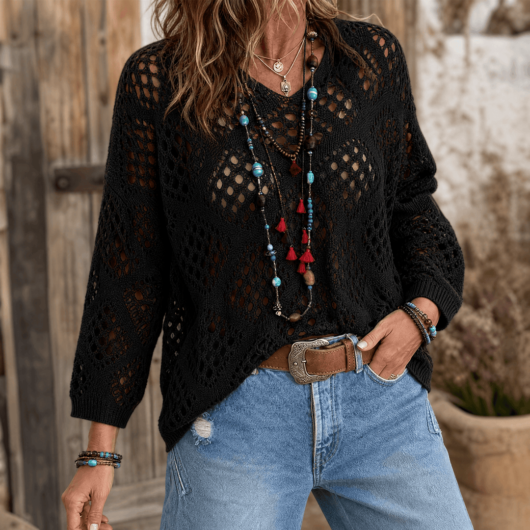 Sunfara – Dam boho blus szydełkowa z urringning i form av litery V