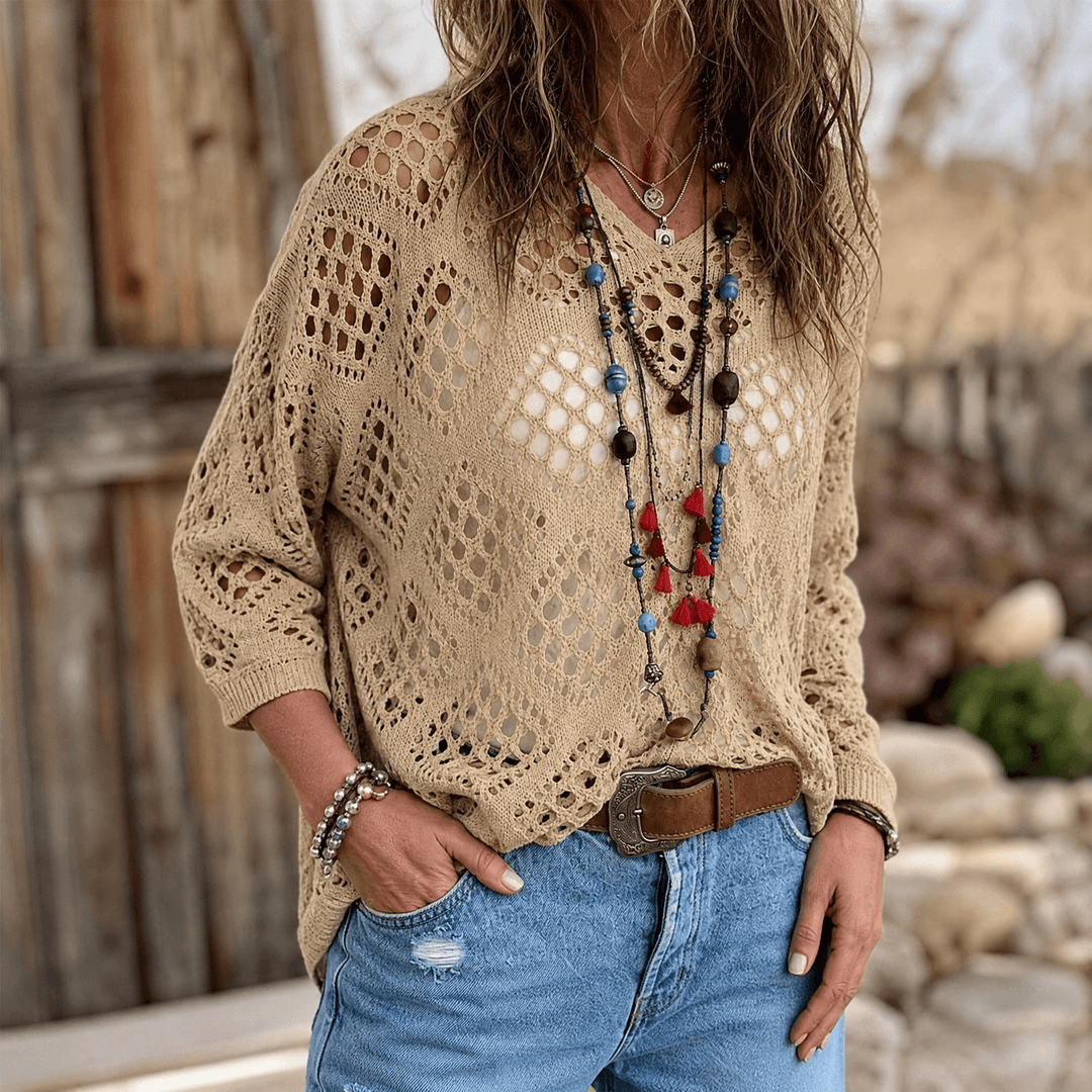 Sunfara – Dam boho blus szydełkowa z urringning i form av litery V