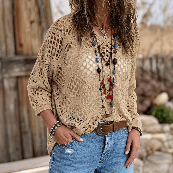 Sunfara – Dam boho blus szydełkowa z urringning i form av litery V