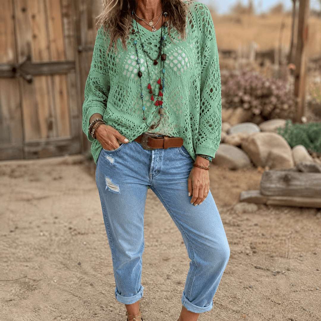Sunfara – Dam boho blus szydełkowa z urringning i form av litery V