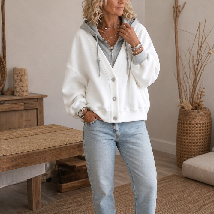 Layerelle – Färgowy Blokowany Hoodie z Faux-Warstwą i Urringning w V-ringning