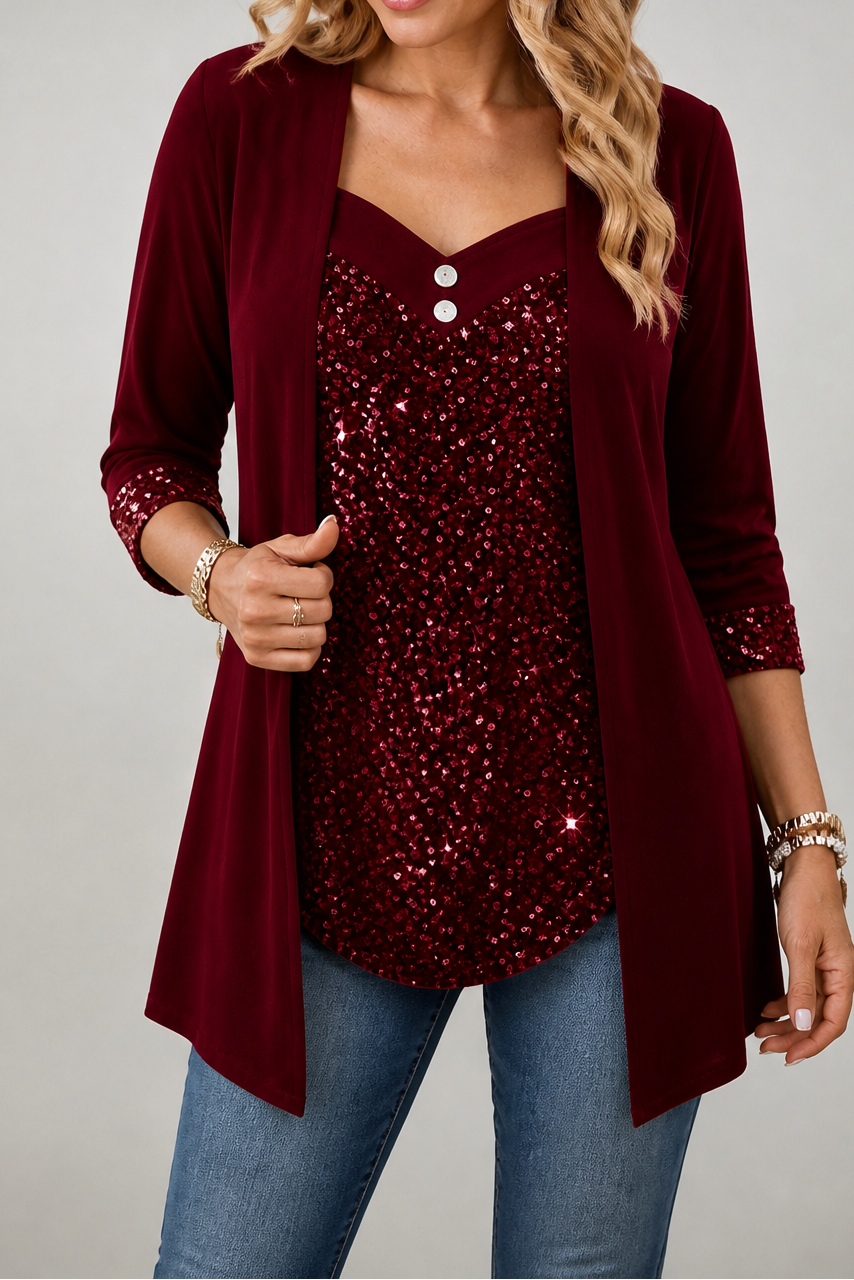 Veluxe Duo – Wieczorowy top z cekinowym przodem w stilu mock-layer