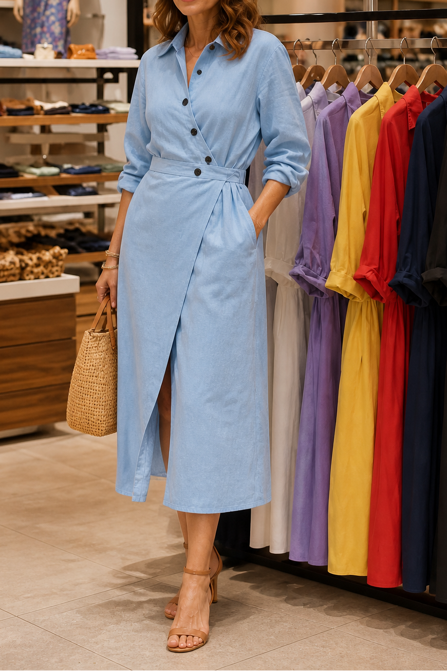 Wrapdaily – Klänning koszulowa midi A-Line z paskiem i kieszeniami