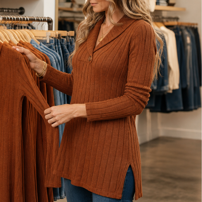 Curvella – Prążkowany top z urringning w v-ringning, dopasowany