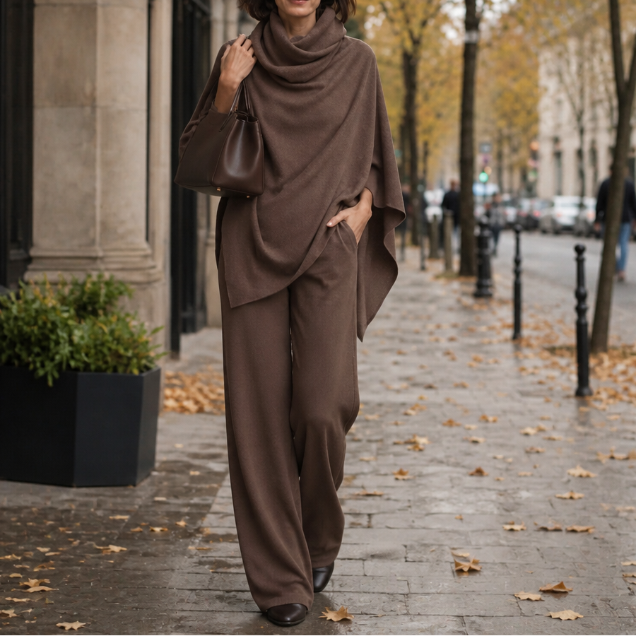 Draperie – Blus z kapturem i breda spodniami