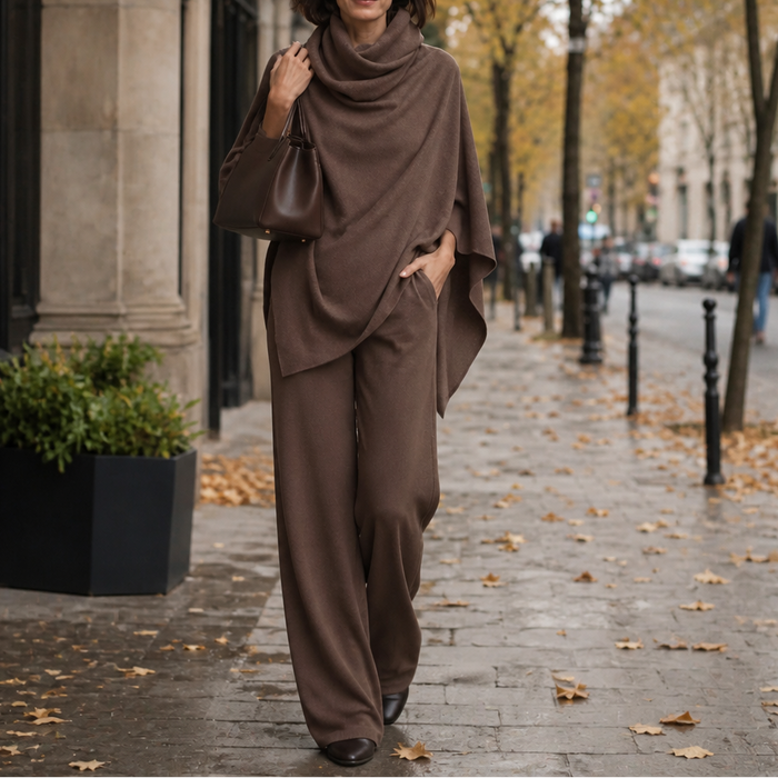 Draperie – Blus z kapturem i breda spodniami