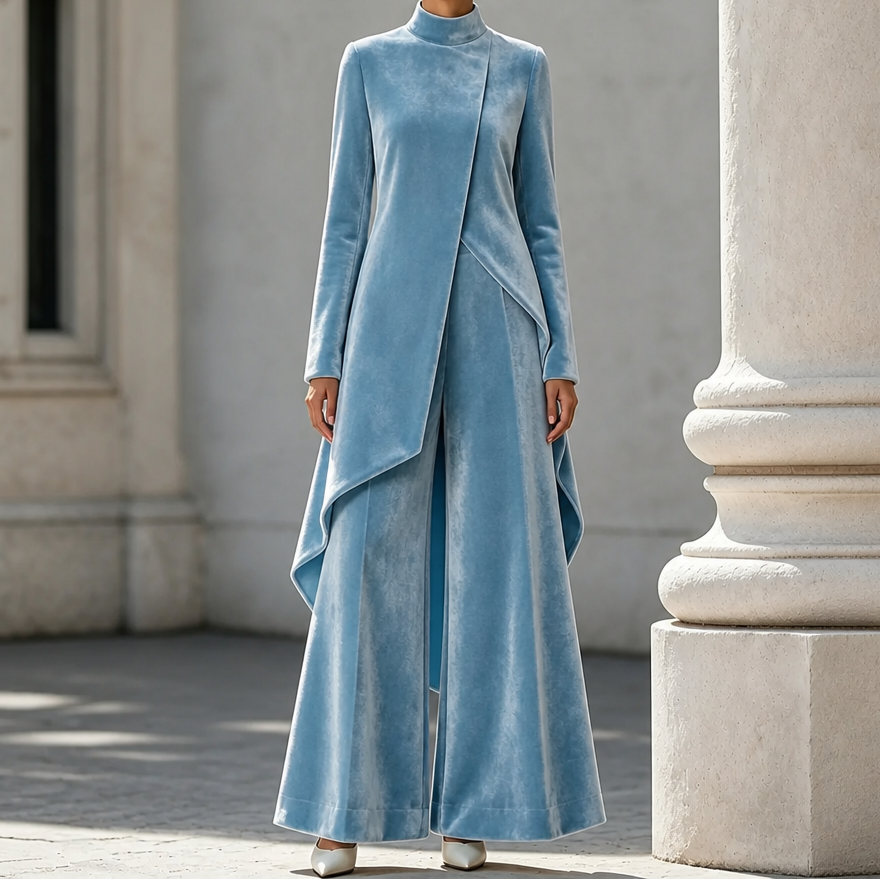 Draperie – Asymetryczny Set Welurowy z Górą i Spodniami